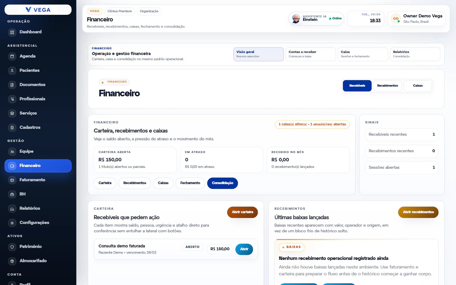 Tela financeira do VEGA com acompanhamento de recebíveis e visão da operação.