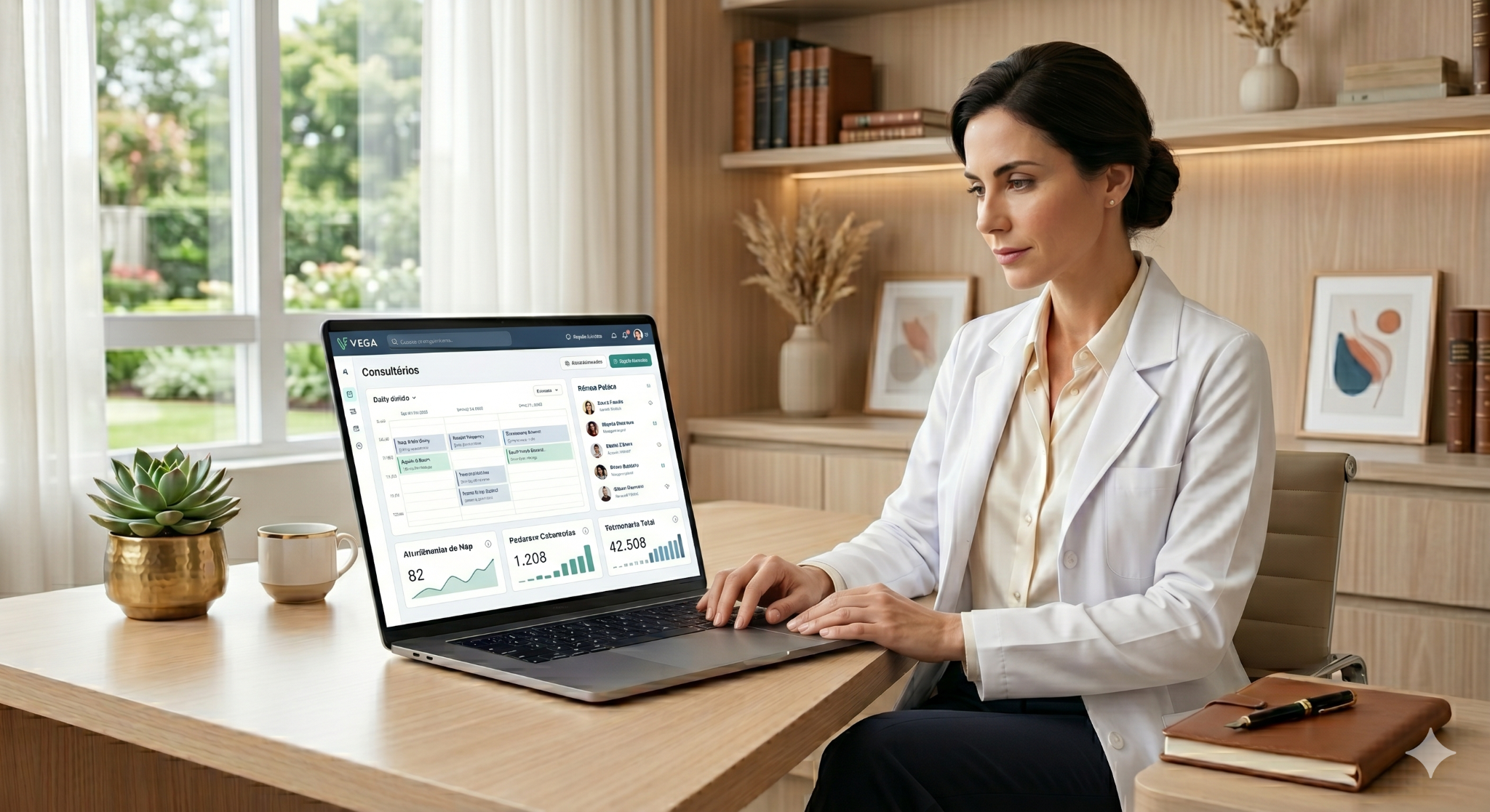 Profissional de consultório utilizando o VEGA em uma operação leve, organizada e sofisticada.